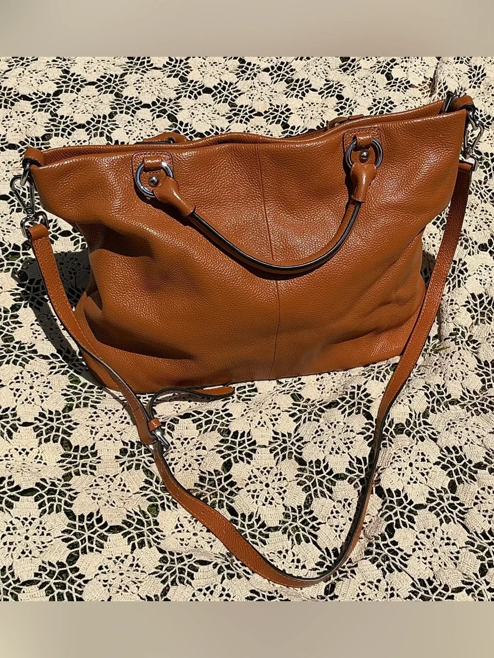 Kattee Genuine Leather Pebbled Tote Satchel Camel Brown Shoulder Crossbody Bag